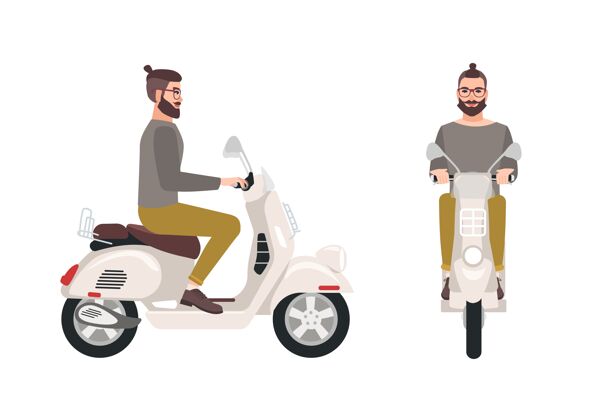发型时髦的男人或男性卡通人物 时髦的发型和胡须滑板车时尚坐在现代汽车上的男孩被隔离在白色背景上头发男人摩托车
