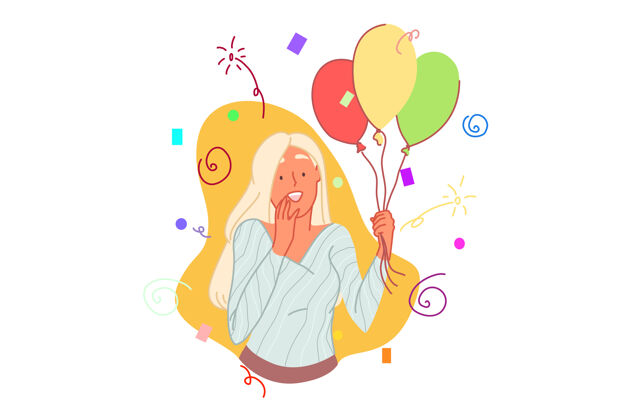 祝贺生日庆祝概念与年轻女子手持气球插图年轻卡通人物
