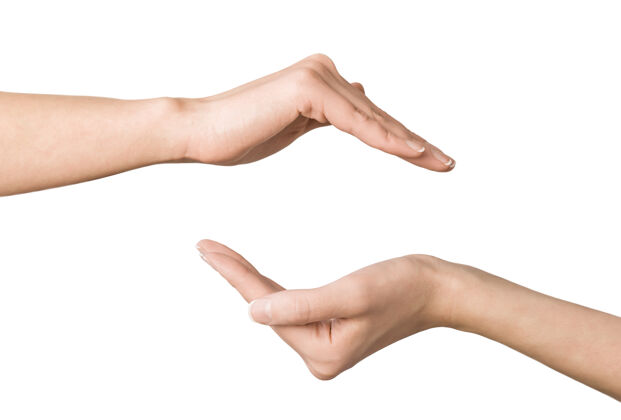 成人女性的手在隔离的白墙上展示保护的姿态手持手势水平