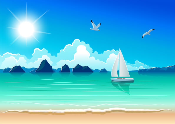 夏天阳光明媚的海滩海洋热带帆船