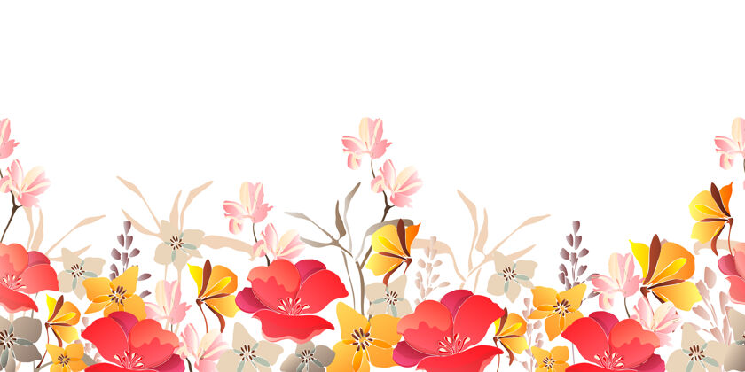 花卉背景花朵无缝边框.红色 黄色的花隔离在白色的背景上花卉叶子花束