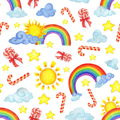 重复水彩彩虹云 太阳 糖果和水的无缝模式星星现代白纸上的插图背景设计儿童纺织品 儿童服装的装饰房间隔离在白色上甜蜜背景纺织品布料