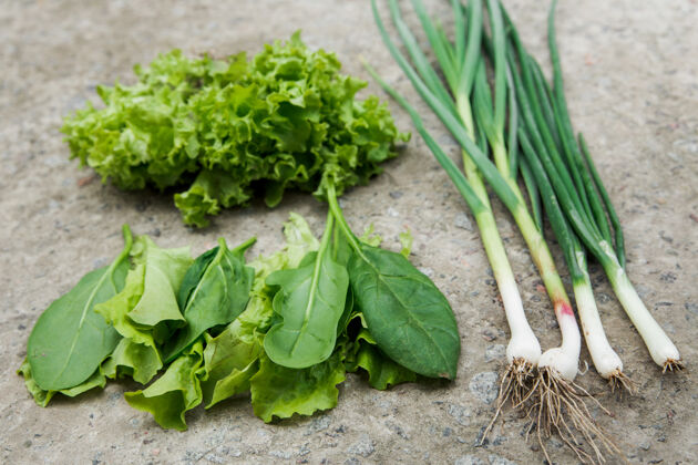 营养素新鲜的生菜 菠菜 葱从花园的石床上有机墙食物和健康的生活方式理念菠菜生长收获
