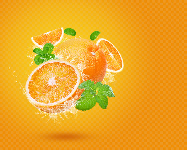 飞溅水溅在新鲜的橘子上 薄荷味隔离橘子细节水