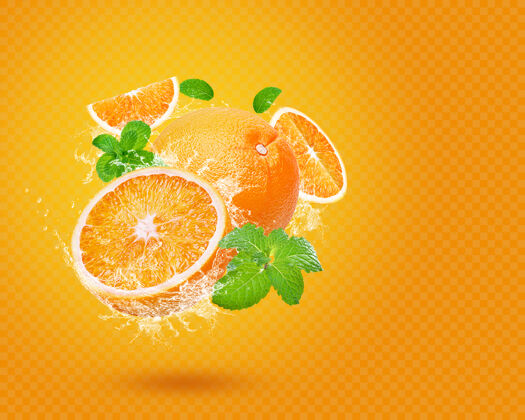 飞溅水溅在新鲜的橘子上 薄荷味隔离橘子细节水