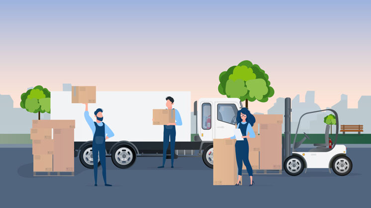 纸板箱把货物装进集装箱汽车搬运工携带盒子搬家和送货的概念旅游物品纸板