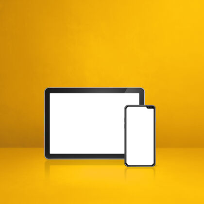 设置黄色办公桌上的手机和数字平板电脑3d插图场景商务复制空间