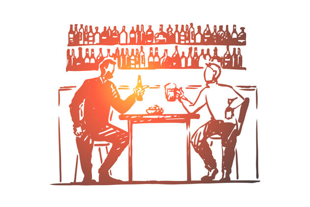 酒吧两个年轻人坐在酒吧里 喝着啤酒 柜台上摆着酒瓶吐司酒吧餐厅