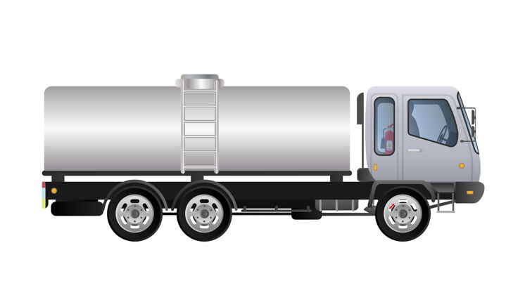 货运带罐侧的小卡车视图.交付的货物.固体色彩平淡设计.白色卡车运输.分离在白色背景上大车轮拖拉机