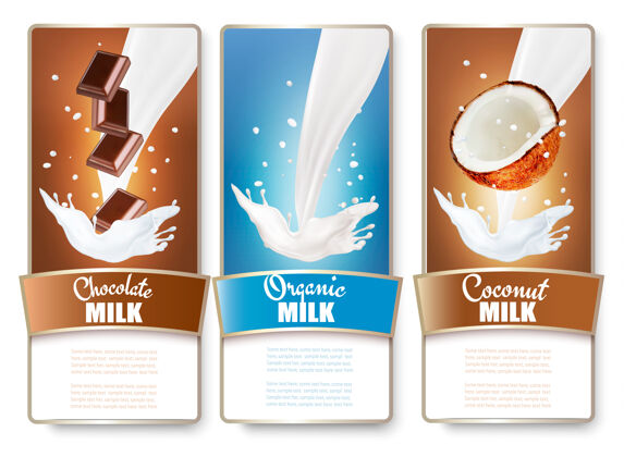 健康一套三个标签的巧克力和椰奶飞溅美味有机椰子