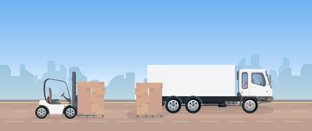 储存一辆卡车和一个装着纸板箱的托盘停在路上大汽车起重