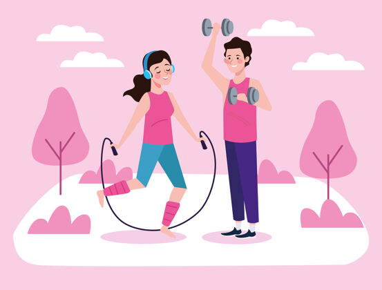 活跃情侣跳绳和举重哑铃人物健活方式插画举重日常女性