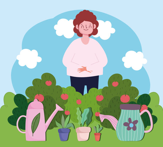 园艺园艺方面 快乐的女人可以用浇水罐在草地上盆栽插画环境叶新鲜
