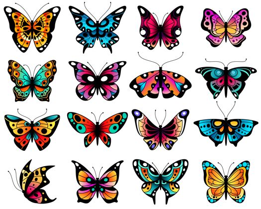 颜色五颜六色的蝴蝶与开放式翅膀翅膀装饰元素