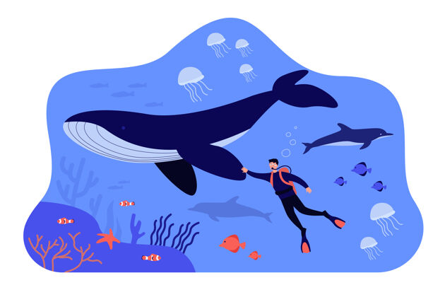 鲸鱼小潜水员游泳水下孤立的平面插图水下海洋可持续性