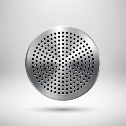 Silver抽象圆形徽章 带圆形穿孔扬声器格栅图案的音频按钮模板 金属质感aluminalUserApplication