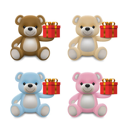 卡通逼真可爱的小熊玩偶角色微笑着拿着红色礼物送你爱安动物熊卡通放松手势 插图礼物坐着甜蜜
