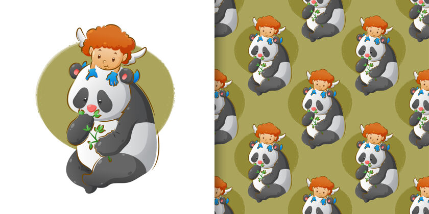 翅膀小丘比特正在熊猫的头上玩耍 熊猫正在吃图案组里的叶子动物手套男孩