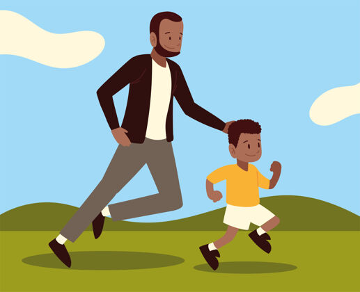 种族黑人爸爸儿子在户外跑步男性非裔美国人男孩