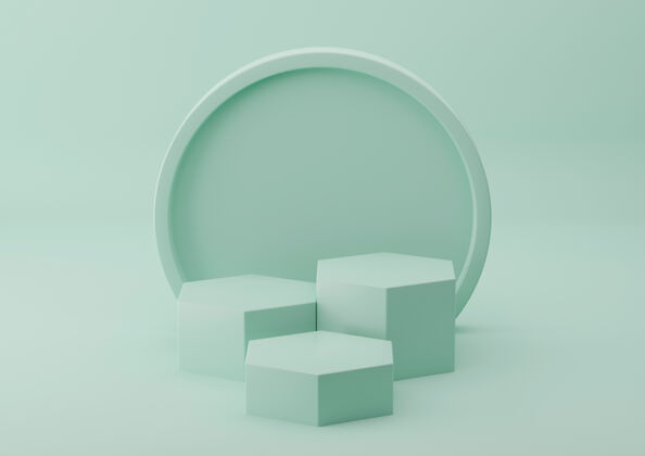 形状绿色讲台产品 用于粉彩背景的化妆品展示3d渲染抽象展示室内