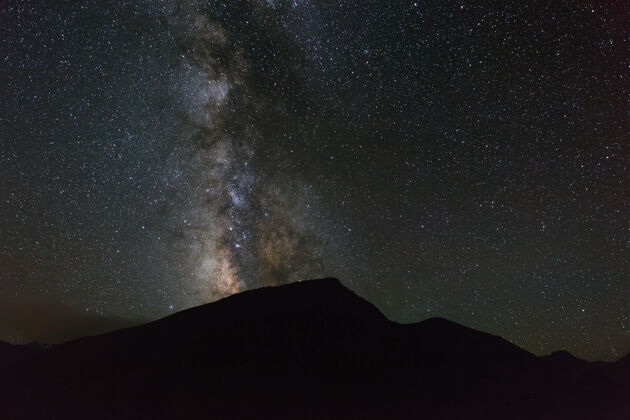 星系在北高加索山脉上空的夜空中 银河系明亮的星星恒星大气星云