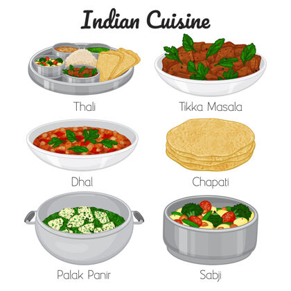 厨房一套卡通风格的印度餐插图印度有机街头