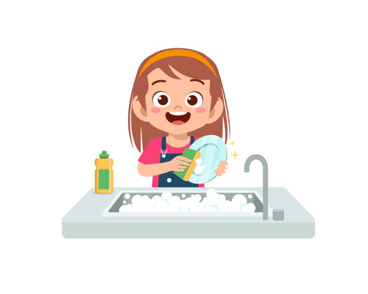 家庭快乐可爱的小女孩在厨房洗碗洗碗机清洁卡瓦伊