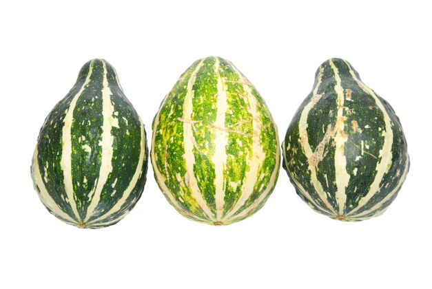 白色三个绿色蔬菜南瓜隔离在白色食品蔬菜条纹