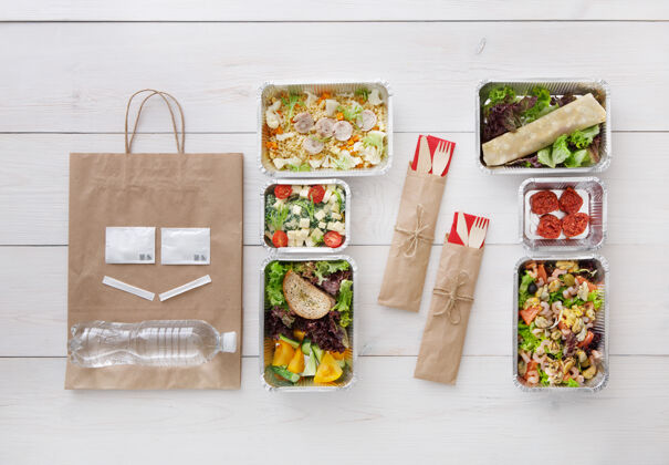 菜单健康食品外卖在木箱顶视图美味午餐美食
