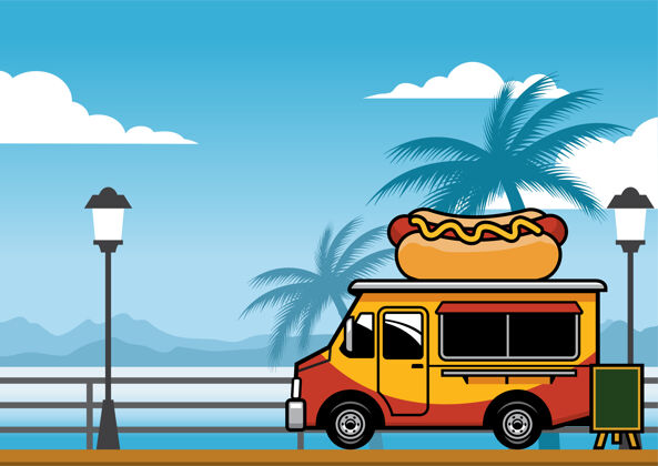 美食在海滩上卖热狗的食品车公园厨房汽车
