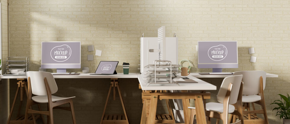 模型三维渲染办公室室内设计与办公桌电脑设备模型桌子电脑显示器