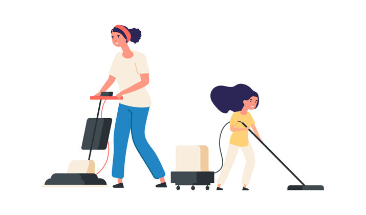 女士家庭清洁母女用吸尘器家务 和父母在一起的时间帮助角色活动