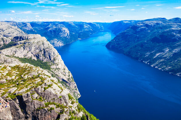 高原Preikestolen或prekestolen或讲坛岩石鸟瞰图 挪威全景风险挪威