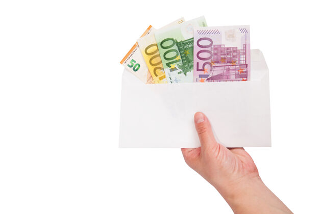 欧元女性的手拿着一个白色表面上印有欧元的信封复印空间经济财富现金