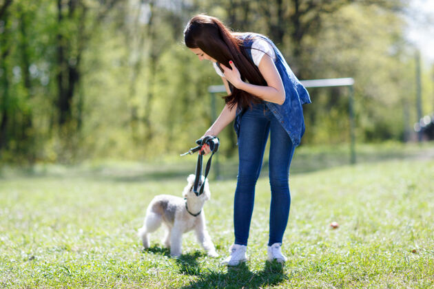 动物在夏季公园牵着狗散步的女孩自然自由休闲