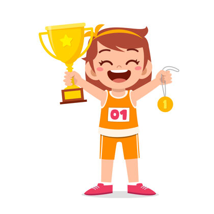 比赛快乐可爱的小女孩拿着金牌和奖杯插图男孩奖杯奖励