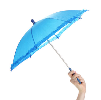 天气手里拿着一把白色的蓝色雨伞阳伞手安全