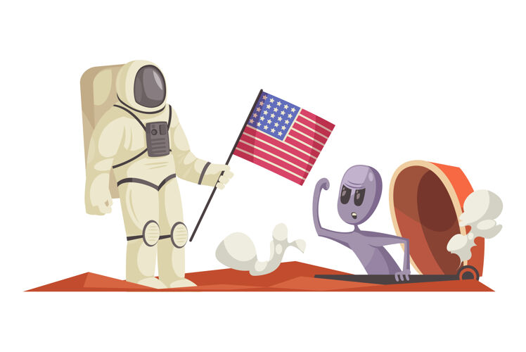 行星卡通搞笑外星人对穿着宇航服的美国宇航员生气冒险人幻想