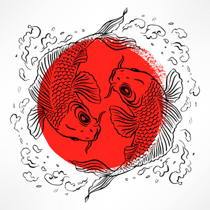鳍红色日本鲤鱼的美丽插图圈出一只手-画图鲤鱼日本游泳