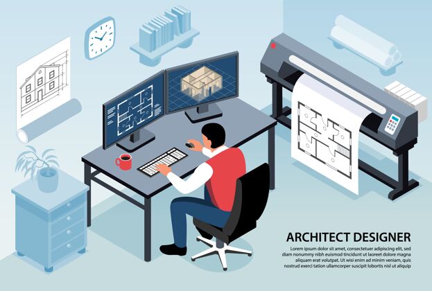 程序建筑师设计师水平组成与男子坐在他的工作场所与计算机程序等距工作平面风格工作水平