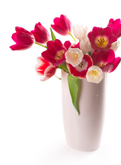 浪漫许多美丽的五颜六色的郁金香与叶子在一个玻璃花瓶上隔离透明background.photo用新鲜的春花为任何节日设计花明信片郁金香