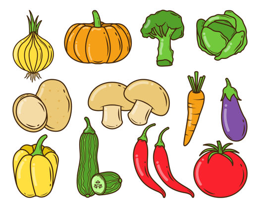 蘑菇一套手绘蔬菜卡通涂鸦风格南瓜蔬菜黄瓜