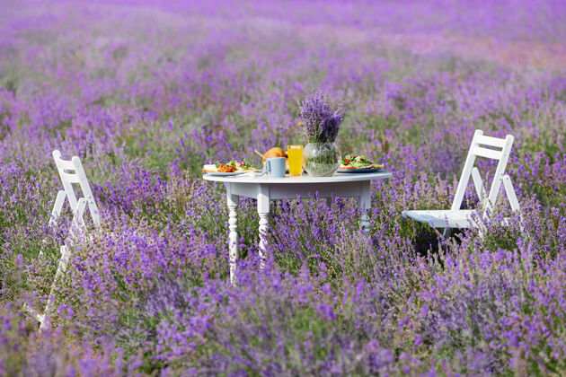 糕点在薰衣草地里有一张有食物的桌子和两把椅子蜂蜜果汁餐桌