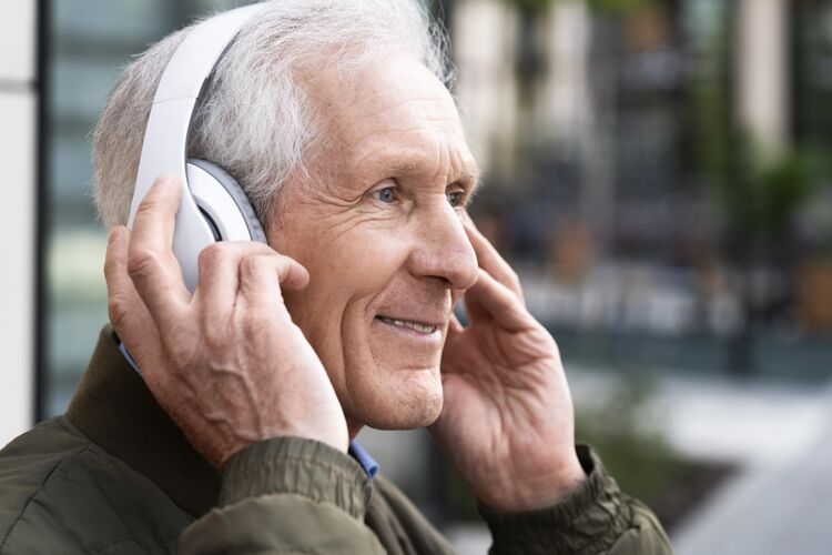 水平笑眯眯的城里老人戴着耳机听音乐老年人耳机老年人