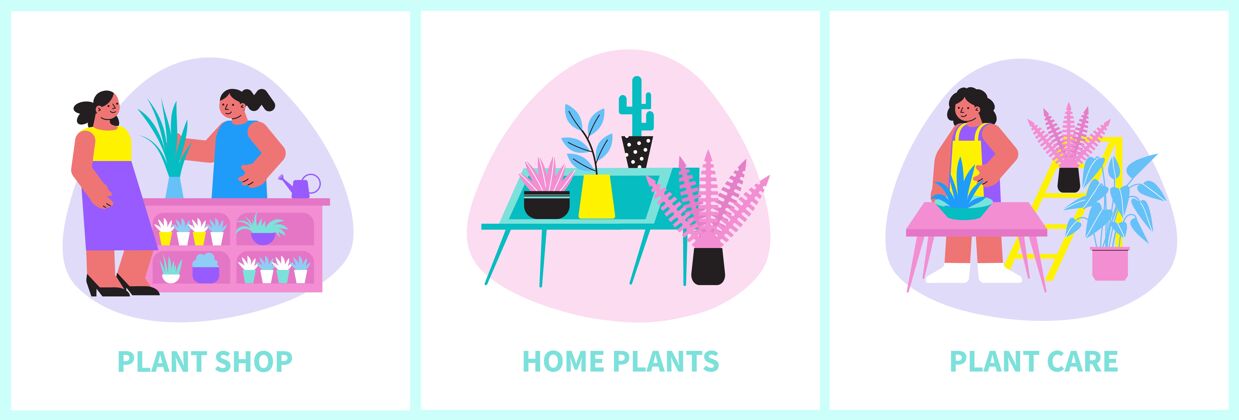 生态家庭植物集三个正方形的组成与花卉人和可编辑的文字花园草药室内