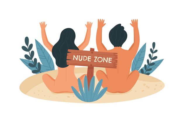 裸体海滩手绘裸体主义概念图海滩夏天裸体
