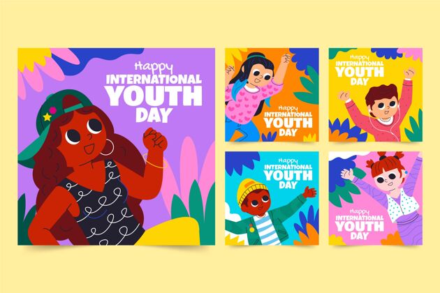 国际青年节卡通国际青年节集邮社交媒体帖子包装
