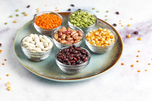 素食者豆类和豆类品种健康的纯素蛋白质食物视图堆豆科
