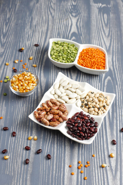 各种豆类和豆类品种健康的纯素蛋白质食物干的亚麻不同