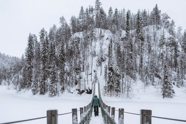 北极芬兰 乌兰卡国家公园里 一个女人正在跨越吊桥湖河发现